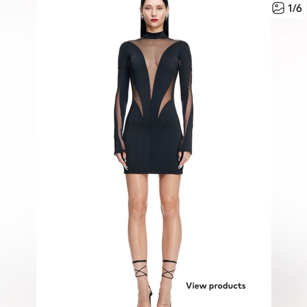 Mugler Black Long Sleeve Dress with Sheer Panels